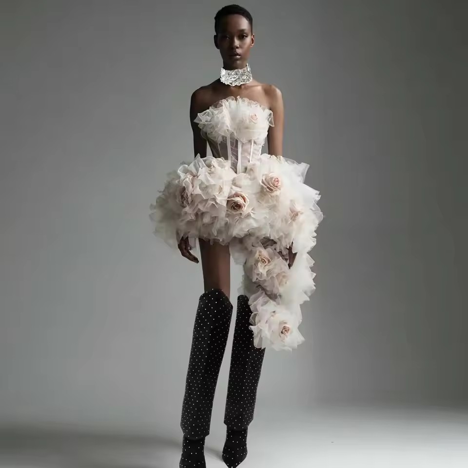 Women Formal Event Wear - Asymmetrical Floral Short Party Dresses Ruffled