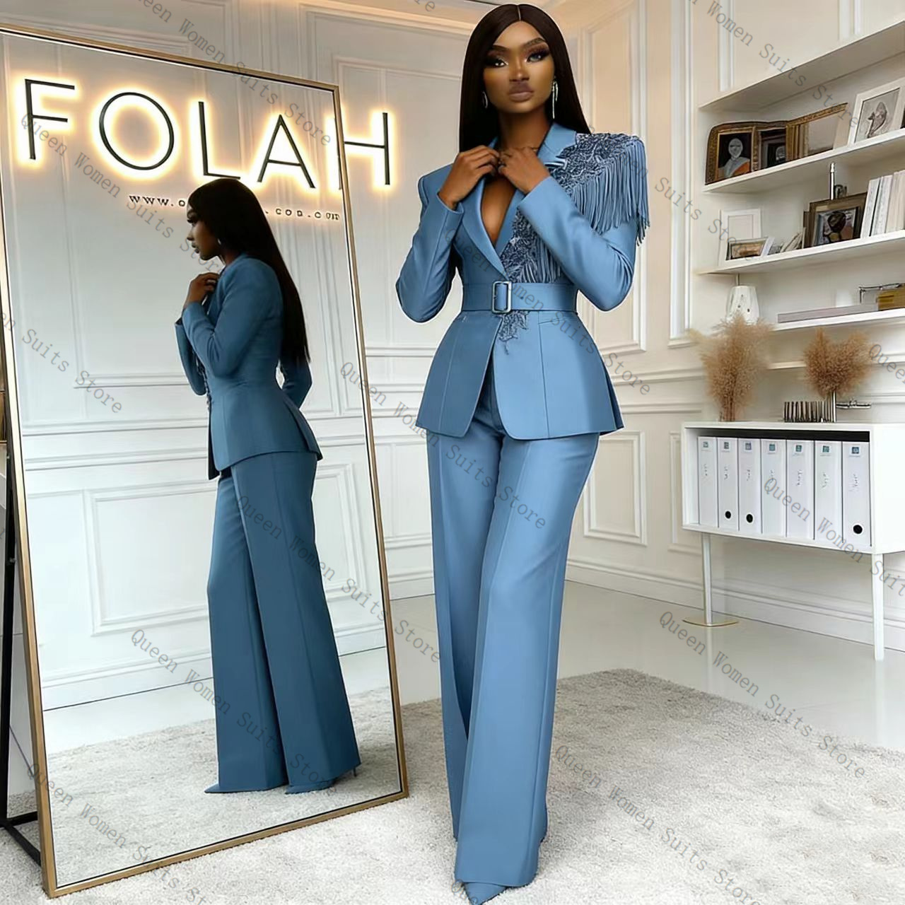 Women'S Formal Wear Jackets - Tassel Blue Women Suit Pants Set